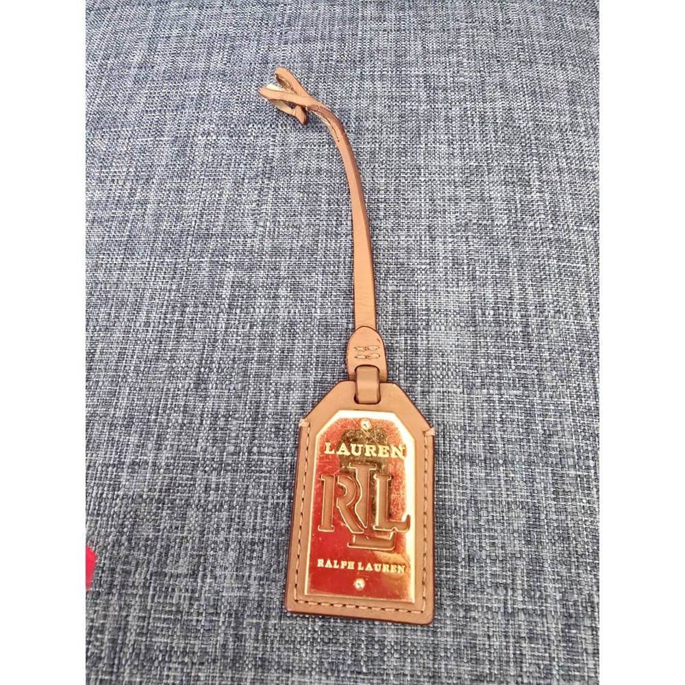Lauren Ralph Lauren Leather Luggage Tag Handbag Charm Tan Brown Gold LRL Logo